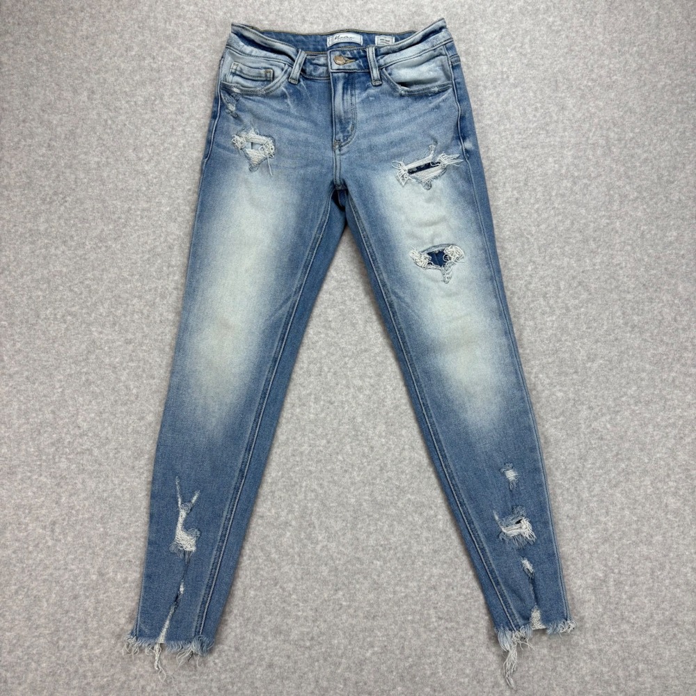 KanCan Mid-Rise Ankle Skinny Jeans Womens 25 Light Wash Distressed Raw Hem Faded